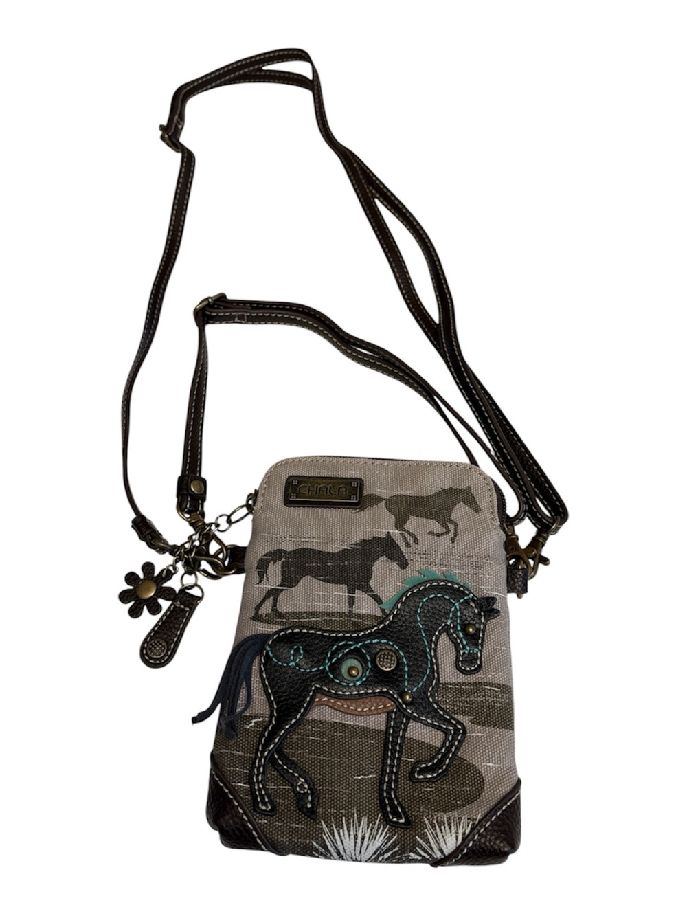 Chala Canvas Crossbody/Wristlet Phone Bag with Horse Applique zipper close